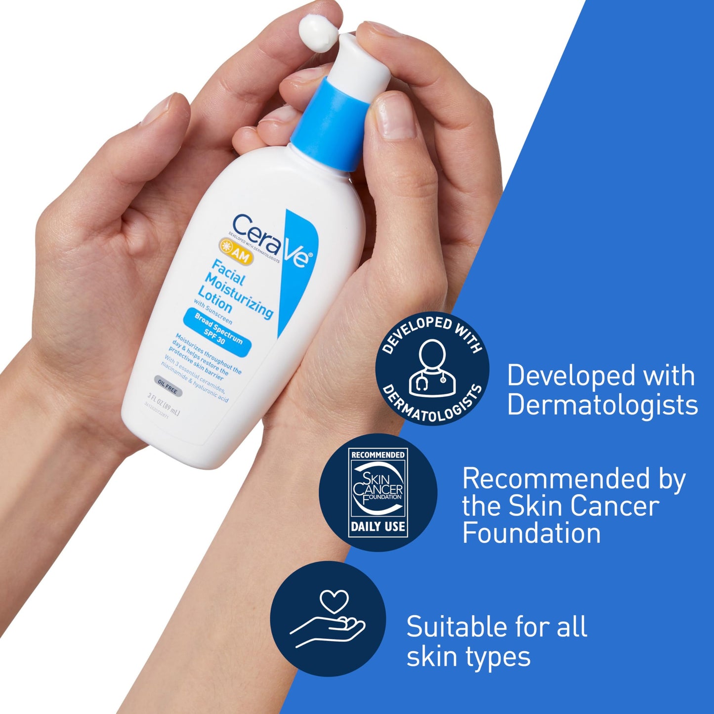 CeraVe AM Facial Moisturizing Lotion with SPF 30, Oil-Free Face Moisturizer with SPF, Formulated with Hyaluronic Acid, Niacinamide & Ceramides, Non-Comedogenic, Broad Spectrum Sunscreen, 3 Ounce